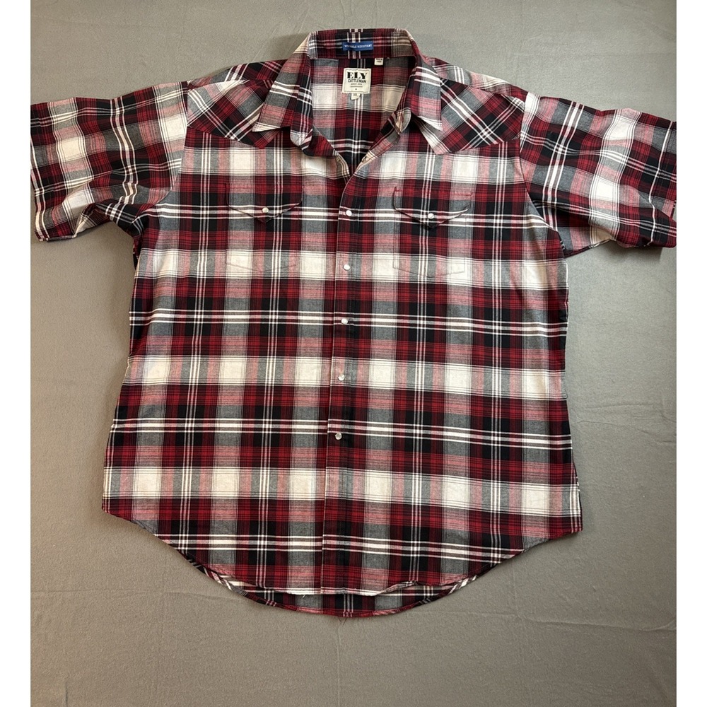 Ely Cattlemen Short Sleeve Pearl Snap Red Plaid Wrinkle Free XXL